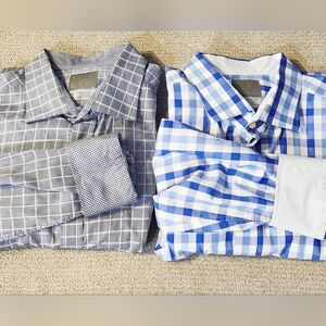 Lot Of 2 Thomas Dean Blue Plaid Cotton Longsleeve Dress Shirts XXL Contrast Cuff